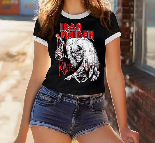 Ringer Crewneck Crop Top (Iron Maiden)